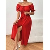 image:imagechouyatou Womens Puff Sleeve Floral Milkmaid Dress Back Smocked Square Neck Off Shoulder Midi Long Dress with SlitSolid Red