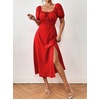 image:imagechouyatou Womens Puff Sleeve Floral Milkmaid Dress Back Smocked Square Neck Off Shoulder Midi Long Dress with SlitSolid Red