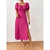 image:imagechouyatou Womens Puff Sleeve Floral Milkmaid Dress Back Smocked Square Neck Off Shoulder Midi Long Dress with SlitSolid Rose Red