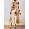 image:imagechouyatou Womens Puff Sleeve Floral Milkmaid Dress Back Smocked Square Neck Off Shoulder Midi Long Dress with SlitYellow