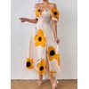 image:imagechouyatou Womens Puff Sleeve Floral Milkmaid Dress Back Smocked Square Neck Off Shoulder Midi Long Dress with SlitYellow