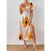 image:imagechouyatou Womens Puff Sleeve Floral Milkmaid Dress Back Smocked Square Neck Off Shoulder Midi Long Dress with SlitYellow