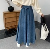 image:imagechouyatou Womens Ruffle Denim Skirt Elastic High Waist Pleated A Line Swing Maxi Long Jean Skirt with BeltDark Blue