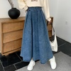 image:imagechouyatou Womens Ruffle Denim Skirt Elastic High Waist Pleated A Line Swing Maxi Long Jean Skirt with BeltDark Blue
