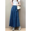 image:imagechouyatou Womens Ruffle Denim Skirt Elastic High Waist Pleated A Line Swing Maxi Long Jean Skirt with BeltDark Blue