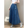 image:imagechouyatou Womens Ruffle Denim Skirt Elastic High Waist Pleated A Line Swing Maxi Long Jean Skirt with BeltDark Blue