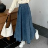 image:imagechouyatou Womens Ruffle Denim Skirt Elastic High Waist Pleated A Line Swing Maxi Long Jean Skirt with BeltDark Blue