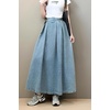 image:imagechouyatou Womens Ruffle Denim Skirt Elastic High Waist Pleated A Line Swing Maxi Long Jean Skirt with BeltLight Blue
