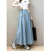 image:imagechouyatou Womens Ruffle Denim Skirt Elastic High Waist Pleated A Line Swing Maxi Long Jean Skirt with BeltLight Blue