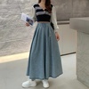 image:imagechouyatou Womens Ruffle Denim Skirt Elastic High Waist Pleated A Line Swing Maxi Long Jean Skirt with BeltLight Blue