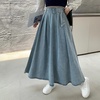 image:imagechouyatou Womens Ruffle Denim Skirt Elastic High Waist Pleated A Line Swing Maxi Long Jean Skirt with BeltLight Blue