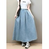 image:imagechouyatou Womens Ruffle Denim Skirt Elastic High Waist Pleated A Line Swing Maxi Long Jean Skirt with BeltLight Blue