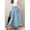 image:imagechouyatou Womens Ruffle Denim Skirt Elastic High Waist Pleated A Line Swing Maxi Long Jean Skirt with BeltLight Blue
