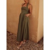 image:imagechouyatou Womens Sexy Halter Neck Sleeveless Fit and Flare Pleated Swing Prom Party Maxi Dress with PocketsArmy Green