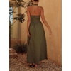 image:imagechouyatou Womens Sexy Halter Neck Sleeveless Fit and Flare Pleated Swing Prom Party Maxi Dress with PocketsArmy Green