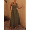 image:imagechouyatou Womens Sexy Halter Neck Sleeveless Fit and Flare Pleated Swing Prom Party Maxi Dress with PocketsArmy Green