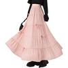 image:imagechouyatou Womens Casual Elastic Waist Ruffle Hem Skirt Vintage Bow Trim Pleated Flowy Swing Long SkirtPink