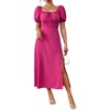 image:imagechouyatou Womens Puff Sleeve Floral Milkmaid Dress Back Smocked Square Neck Off Shoulder Midi Long Dress with SlitSolid Rose Red