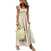 image:imagechouyatou Womens Retro Cotton Striped Smocked Long Dress Boho Spaghetti Strap Flounce Beach Sun Dress with PocketsKhaki