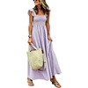image:imagechouyatou Womens Retro Cotton Striped Smocked Long Dress Boho Spaghetti Strap Flounce Beach Sun Dress with PocketsPurple