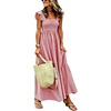 image:imagechouyatou Womens Retro Cotton Striped Smocked Long Dress Boho Spaghetti Strap Flounce Beach Sun Dress with PocketsRed