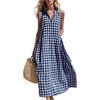 image:imagechouyatou Womens Sleeveless Plaid Cotton Dress Lapel Button Front Gingham Long Shirt Dress with PocketsDark Blue