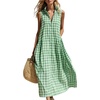 image:imagechouyatou Womens Sleeveless Plaid Cotton Dress Lapel Button Front Gingham Long Shirt Dress with PocketsGreen