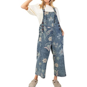 image:imagechouyatou Women Baggy Floral Denim Bib Overalls Jeans Y2K Casual Distressed Wide Leg Overall JumptuisBlue