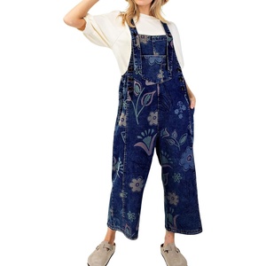 image:imagechouyatou Women Baggy Floral Denim Bib Overalls Jeans Y2K Casual Distressed Wide Leg Overall JumptuisDark Blue