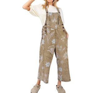 image:imagechouyatou Women Baggy Floral Denim Bib Overalls Jeans Y2K Casual Distressed Wide Leg Overall JumptuisKhaki