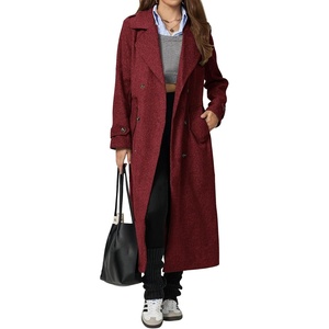 image:imagechouyatou Women Fall Winter Double Breasted Wool Coat Belted Midi Long Winter Trench Coat Peacoat OvercoatRed
