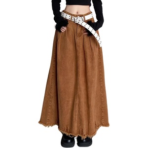 image:imagechouyatou Womens A Line Mid Rise Denim Skirt Raw Hem Flare Maxi Long Jean Skirt with PocketsBrown