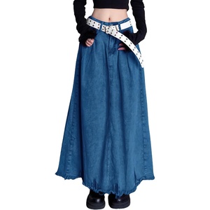 image:imagechouyatou Womens A Line Mid Rise Denim Skirt Raw Hem Flare Maxi Long Jean Skirt with PocketsDark Blue