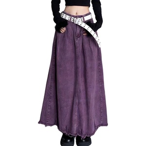 image:imagechouyatou Womens A Line Mid Rise Denim Skirt Raw Hem Flare Maxi Long Jean Skirt with PocketsPurple