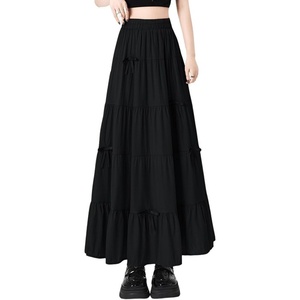 image:imagechouyatou Womens Casual Elastic Waist Ruffle Hem Skirt Vintage Bow Trim Pleated Flowy Swing Long SkirtBlack