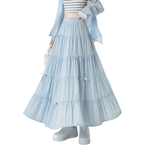 image:imagechouyatou Womens Casual Elastic Waist Ruffle Hem Skirt Vintage Bow Trim Pleated Flowy Swing Long SkirtBlue