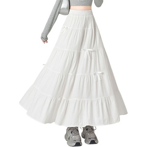 image:imagechouyatou Womens Casual Elastic Waist Ruffle Hem Skirt Vintage Bow Trim Pleated Flowy Swing Long SkirtWhite