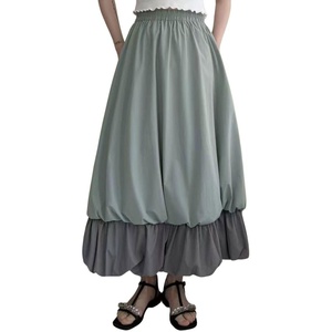image:imagechouyatou Womens Color Block Bubble Puffy Skirt High Elastic Waist A Line Swing Long Skirt with PocketsGreen