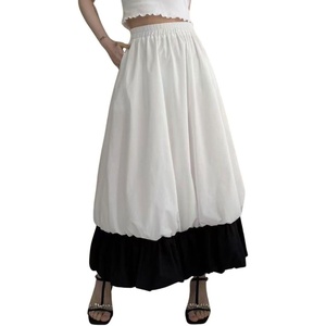image:imagechouyatou Womens Color Block Bubble Puffy Skirt High Elastic Waist A Line Swing Long Skirt with PocketsWhite