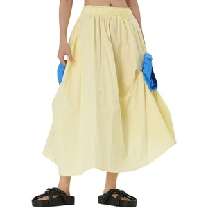 image:imagechouyatou Womens Cute 3D Floral Applique Baggy Skirt Elastic Waist Irregular Swing Midi Long Skirt with PocketsApricot