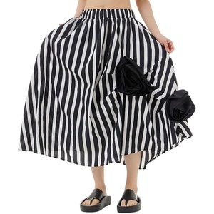 image:imagechouyatou Womens Cute 3D Floral Applique Baggy Skirt Elastic Waist Irregular Swing Midi Long Skirt with PocketsBlack Striped