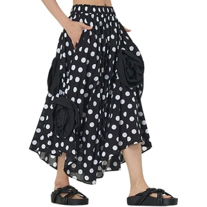 image:imagechouyatou Womens Cute 3D Floral Applique Baggy Skirt Elastic Waist Irregular Swing Midi Long Skirt with PocketsPolka Dot Black