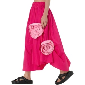 image:imagechouyatou Womens Cute 3D Floral Applique Baggy Skirt Elastic Waist Irregular Swing Midi Long Skirt with PocketsRose Pink