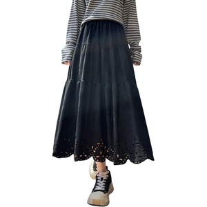 image:imagechouyatou Womens Fall Winter Suede Ruffle Skirt High Elastic Waist Crochet Hem Faux Suede Leather Midi Long SkirtBlack
