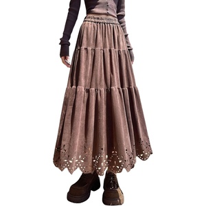 image:imagechouyatou Womens Fall Winter Suede Ruffle Skirt High Elastic Waist Crochet Hem Faux Suede Leather Midi Long SkirtCoffee Brown