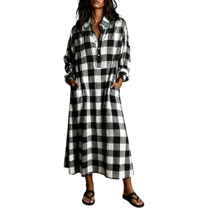 image:imagechouyatou Womens Long Sleeve Plaid Shirt Dress Button Up Polo Collar Gingham Maxi Tunic Shift Dress with PocketsBlack