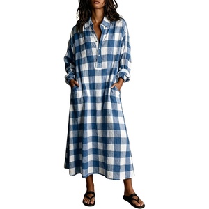 image:imagechouyatou Womens Long Sleeve Plaid Shirt Dress Button Up Polo Collar Gingham Maxi Tunic Shift Dress with PocketsBlue