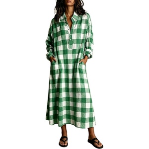 image:imagechouyatou Womens Long Sleeve Plaid Shirt Dress Button Up Polo Collar Gingham Maxi Tunic Shift Dress with PocketsGreen