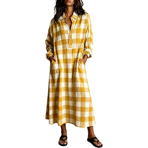 image:imagechouyatou Womens Long Sleeve Plaid Shirt Dress Button Up Polo Collar Gingham Maxi Tunic Shift Dress with PocketsYellow