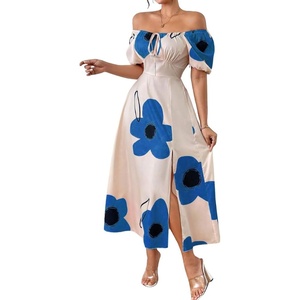 image:imagechouyatou Womens Puff Sleeve Floral Milkmaid Dress Back Smocked Square Neck Off Shoulder Midi Long Dress with SlitApricot